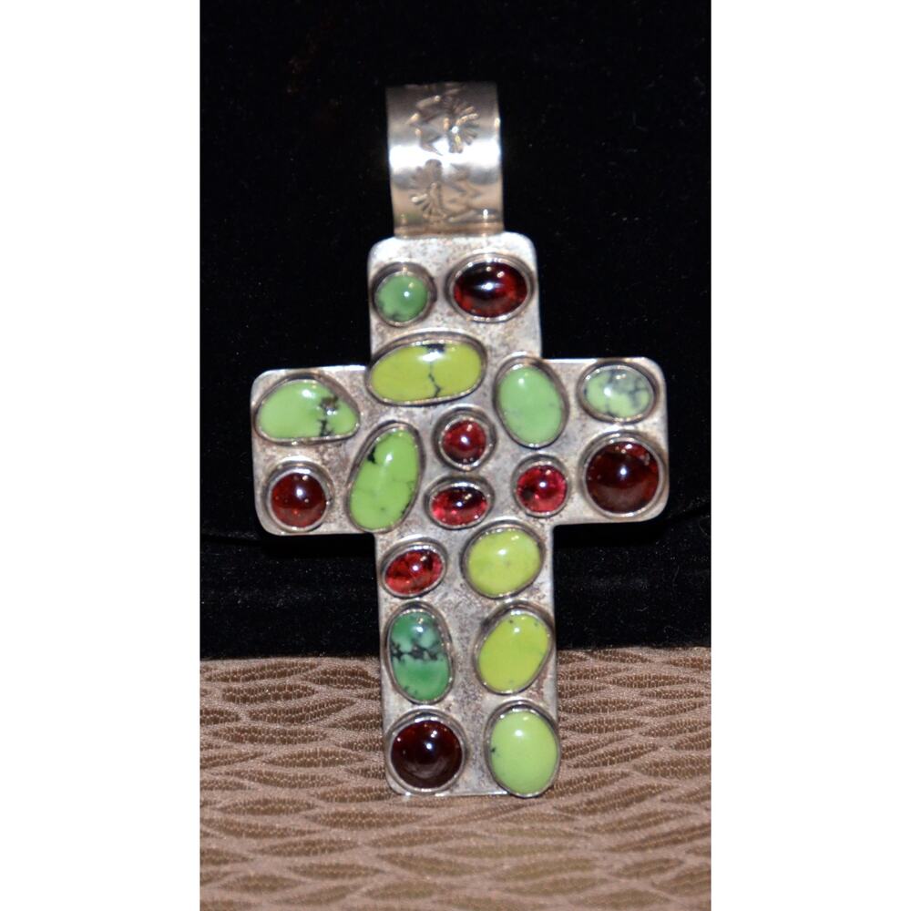 Vintage Native American Navajo NAKAI TURQUOISE & AMBER Pendant Cross Statement